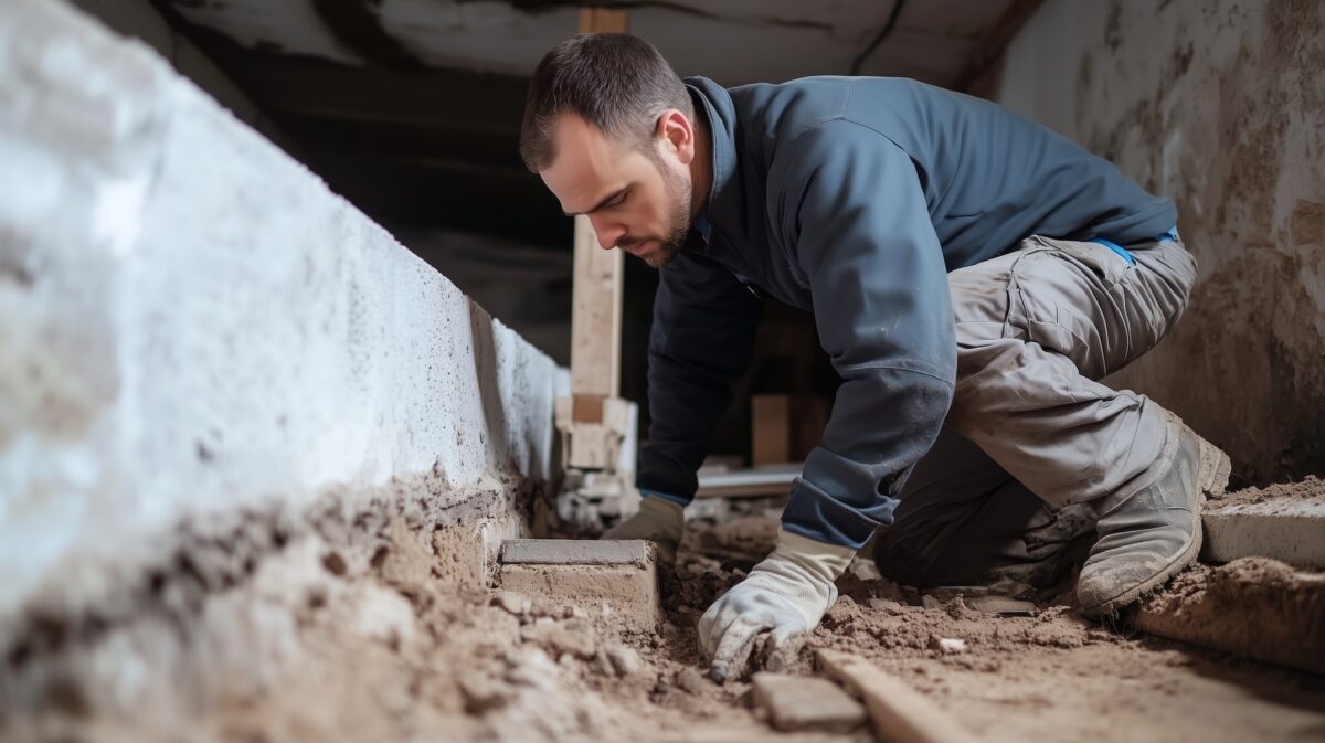 A man in work gloves actively digging and laying bricks in a crawlspace