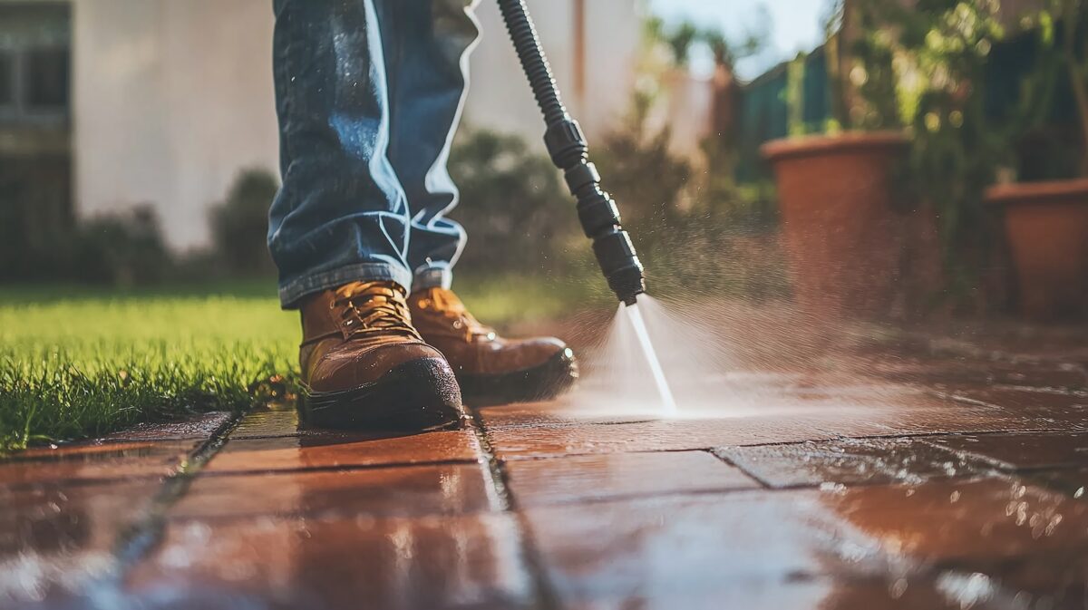 Professional cleaning service using pressure washer on paved brick sidewalk by lawn