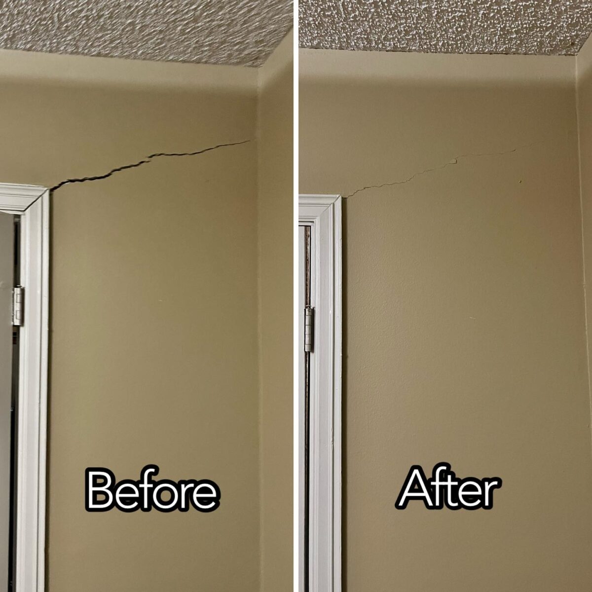 A before and after picture of Prairieville foundation repair minimizing cracks in a homeowner's walls.