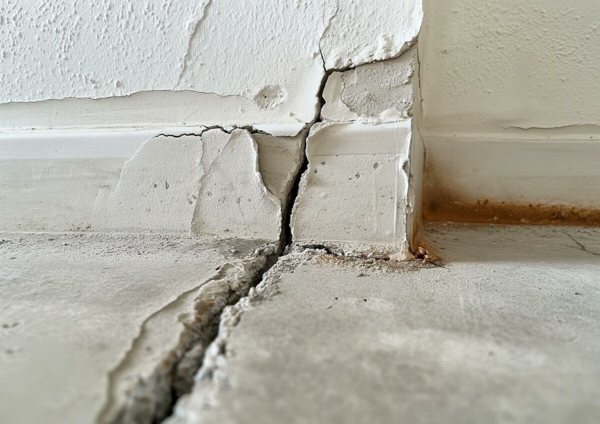 Close-up view of a significant crack on the corner of an indoor wall, showing damage and structural issues.