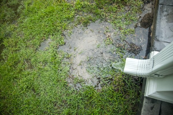Rainwater pouring out of gutters into the grass causing foundation water damage