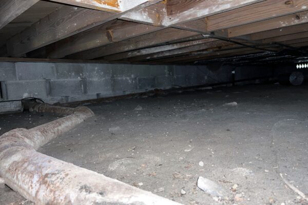Pipe running in dirt crawl space under house