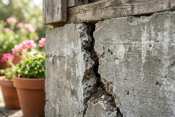 Close up of cracked foundation with potted flowers in the background